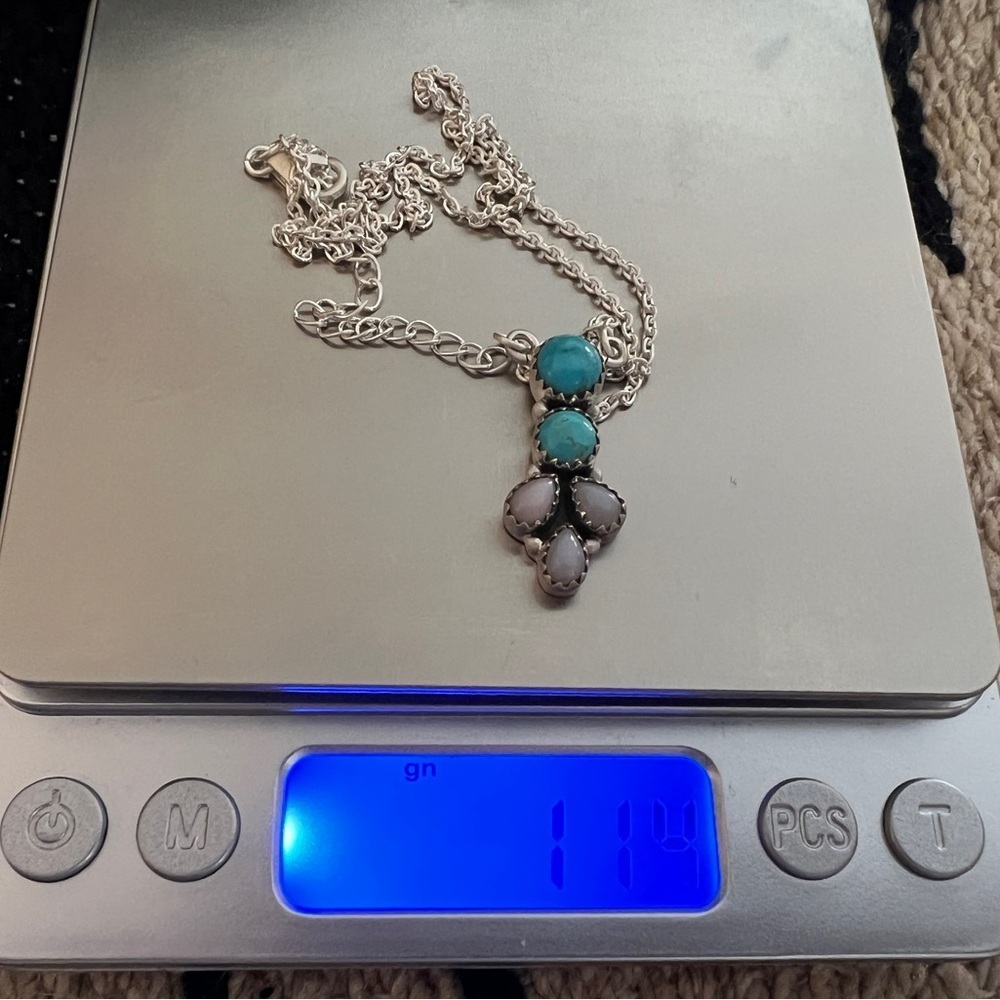 ❤️ Bluebird Turquoise & Pink Opal 925 Southwestern Navajo Necklace 18+2”L 11.4Gm - Picture 12 of 12